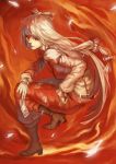  1girl between_fingers boots brown_boots fire fujiwara_no_mokou full_body hair_ribbon jajako long_hair long_sleeves ofuda pants puffy_long_sleeves puffy_sleeves red red_background red_eyes ribbon silver_hair solo touhou tress_ribbon very_long_hair 