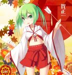  1girl 2014 arrow blueberry_(5959) breasts green_eyes green_hair hair_ribbon nontraditional_miko open_mouth original ribbon short_hair signature skirt smile solo twintails under_boob 