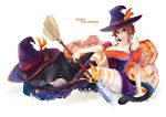  1girl aa2233a arm_support boots breasts broom brown_hair cat closed_eyes earrings feathers halloween hat jack-o&#039;-lantern jewelry large_breasts league_of_legends looking_at_viewer nidalee polearm red_eyes short_hair sitting sleeing socks solo spear striped striped_legwear thigh-highs weapon witch witch_hat 