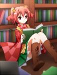  1girl apron bell book bookshelf boots checkered cross-laced_footwear hair_bell hair_ornament highres japanese_clothes lace-up_boots motoori_kosuzu open_book reading red_eyes redhead sitting smile ten203159 touhou twintails two_side_up 