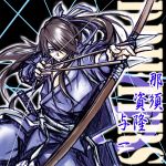  1boy arrow blue_eyes bow brown_hair copyright_name drifters friction hair_ornament hair_ribbon happy japanese_clothes long_hair looking_at_viewer nasu_no_yoichi ponytail ribbon sketch smile solo sword sword_hilt tagme translation_request weapon 