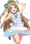  1girl :d arms_up blush bow brown_eyes brown_hair dress dressing earrings hair_bow jewelry jumping long_hair looking_at_viewer love_live!_school_idol_project minami_kotori open_mouth side_ponytail smile solo tetsujin_momoko 