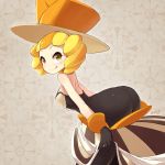  1girl :p ass blonde_hair blueberry_(5959) gloves hat lanuit_(pokemon) looking_at_viewer looking_to_the_side pokemon pokemon_(game) pokemon_xy short_hair shoulderless_dress signature skirt skirt_pull smile solo striped striped_skirt tongue top_hat yellow_eyes 