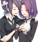  2girls blush breasts closed_eyes d11 eyepatch gloves headgear jewelry kantai_collection mechanical_halo mole multiple_girls necktie open_mouth personification purple_hair ring school_uniform short_hair smile tatsuta_(kantai_collection) tenryuu_(kantai_collection) wedding_ring 