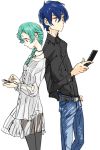  aqua_hair arisato_minato back-to-back blue_hair braid casual cellphone dress_shirt jeans jewelry necklace pantyhose persona persona_3 persona_4:_the_ultimate_in_mayonaka_arena phone shirt short_hair sutei_(giru) yamagishi_fuuka yuuki_makoto 