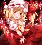  1girl ascot blonde_hair dress flandre_scarlet hair_ribbon looking_at_viewer mob_cap open_mouth puffy_sleeves red_dress red_eyes ribbon shirt short_sleeves side_ponytail solo touhou toutenkou wings wrist_cuffs 
