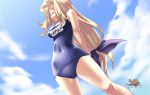  1girl 2010 agarest_senki agarest_senki_(series) blonde_hair closed_eyes clothed_navel clouds company_name copyright_name from_below game_cg highres hildagerd hirano_katsuyuki long_hair low-tied_long_hair name_tag official_art school_swimsuit sky solo swimsuit 