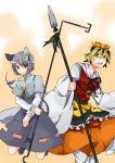  akagashi_hagane animal_ears black_hair blonde_hair green_hair hair_ornament highres mouse_ears mouse_tail multicolored_hair nazrin pendulum polearm red_eyes rod short_hair spear tail toramaru_shou touhou two-tone_hair weapon yellow_eyes 