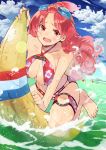  1girl absurdres banana_boat barefoot bikini fang goggles goggles_on_head goiro_(doukutsuwa) highres original red_eyes redhead riding solo swimsuit topknot wet 