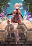  1girl absurdres armor bare_shoulders blonde_hair detached_sleeves double_bun flower gloves greaves highres looking_at_viewer original qbspdl smile solo sword thighhighs violet_eyes weapon white_gloves white_legwear 
