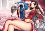 1girl amazon black_hair blue_eyes boa_hancock breasts cape center_opening cleavage crossed_legs earrings epaulettes fangs highres horns jewelry large_breasts long_hair long_sleeves midriff one_piece salome_(one_piece) sash side_slit sitting skull snake tongue very_long_hair yellow_sclera yumiyokiak 