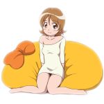  1girl backlighting bare_shoulders blush brown_eyes brown_hair happinesscharge_precure! itommy knees_together_feet_apart oomori_yuuko pantyhose pillow precure shirt short_hair smile solo white_background white_legwear 