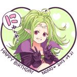  1girl ahoge astkcrts birthday circlet dated double_v fire_emblem fire_emblem:_kakusei gloves green_hair grin happy_birthday long_hair lowres nowi_(fire_emblem) pointy_ears smile solo v violet_eyes 