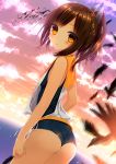  1girl ass brown_eyes brown_hair feathers i-401_(kantai_collection) kantai_collection looking_at_viewer looking_back one-piece_swimsuit open_mouth personification ponytail sailor_collar school_swimsuit short_hair short_ponytail solo sunset swimsuit yadapot 