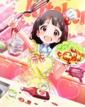  1girl artist_request black_hair blush brown_eyes cooking dress food happy hat heart idolmaster idolmaster_million_live! kitchen nakatani_iku official_art open_mouth short_hair smile solo 