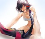  1girl areno black_hair blue_eyes bra breasts cleavage kill_la_kill living_clothes matoi_ryuuko multicolored_hair panties senketsu smile streaked_hair striped striped_bra tears underwear underwear_only 