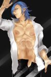  1boy against_glass areno blue_eyes blue_hair kill_la_kill male mikisugi_aikurou open_clothes open_shirt solo 