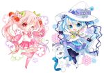  2girls blue_eyes blue_hair cape cherry chibi detached_sleeves dion_(eiosky) fingerless_gloves flower food food_as_clothes food_themed_clothes fruit gloves hair_flower hair_ornament hat hatsune_miku long_hair magical_girl multiple_girls necktie open_mouth outstretched_arms pantyhose pink_eyes pink_hair rabbit sakura_miku scarf skirt snowflakes spread_arms thighhighs twintails very_long_hair vocaloid wink witch_hat yuki_miku 