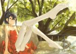  1girl al-qalam black_hair couch dress expressionless highres leg_lift looking_at_viewer original pantyhose ponytail sitting solo tagme tree 
