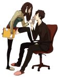  black_hair black_legwear chair durarara!! jaga_rico long_hair miniskirt orihara_izaya photo_(object) short_hair skirt thigh-highs yagiri_namie yagiri_seiji 