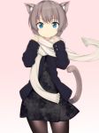  1girl animal_ears blue_eyes brown_hair cat_ears cat_tail coat dress original pantyhose scarf short_hair sleeves_past_wrists smile solo standing tail zizi_(zz22) 
