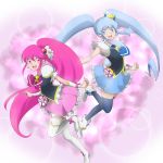  2girls aino_megumi blue_eyes blue_hair blue_legwear blue_skirt boots cure_lovely cure_princess earrings eyelashes gacchahero hair_ornament happinesscharge_precure! happy heart highres jewelry long_hair looking_at_viewer magical_girl multiple_girls open_mouth pink_eyes pink_hair pink_skirt ponytail precure puffy_sleeves ribbon shirayuki_hime shirt skirt thigh_boots thighhighs thighs twintails white_legwear wrist_cuffs zettai_ryouiki 