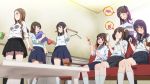  blue_hair brown_hair couch cup dress_shirt everyone from_below hayashida_airi highres hisami_nanami katayama_minami kikuma_kaya low_twintails mug multiple_girls nanase_yoshino okamoto_miyu perspective room school_uniform serafuku shimada_mayu shirt skirt stampede_xm twintails wake_up_girls! 