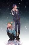  2boys beanie blonde_hair blue_eyes boots breath hand_in_pocket hat hoodie looking_up multiple_boys noragami open_mouth orange_eyes purple_hair scarf short_hair snowing squatting ss0601 track_suit yato_(noragami) yukine_(noragami) 
