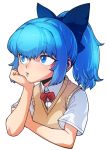  1girl alternate_costume alternate_hairstyle blue_eyes blue_hair bow bust cirno hair_bow ponytail school_uniform short_sleeves simple_background solo space_jin sweater_vest touhou white_background 