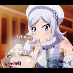  1girl aila_jyrkiainen beret blue_eyes chopsticks eating elbow_gloves food fur_trim glass gloves gundam gundam_build_fighters hat noodles ramen silver_hair solo steam sweat tom_(drpow) water 