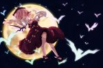  1girl animal_ears bird brown_dress closed_eyes dress full_moon kneehighs moon mystia_lorelei nanairo_07 night no_nose outstretched_arm pink_hair pink_legwear short_hair singing solo touhou winged_shoes 