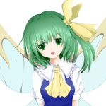  1girl ascot blouse breasts bust colored_eyelashes daiyousei fairy_wings green_eyes green_hair hair_ribbon head_tilt highres looking_at_viewer open_mouth ribbon short_hair short_sleeves side_ponytail simple_background solo touhou white_background wings yuegatobu 
