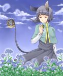  1girl akagashi_hagane animal_ears closed_eyes flower highres mouse mouse_ears mouse_tail navel pendulum petals short_hair solo tail touhou 