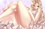  1girl 2010 agarest_senki agarest_senki_(series) anklet aqua_eyes blanket blonde_hair company_name copyright_name crossed_legs game_cg highres hildagerd hirano_katsuyuki jewelry long_hairofficial_art pink_background reclining shiny shiny_skin smile solo 