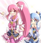  2girls aino_megumi arm_up blue_eyes blue_hair blue_skirt bowtie brooch crown cure_lovely cure_princess gyahu hair_ornament happinesscharge_precure! heart_hair_ornament jewelry long_hair magical_girl mini_crown multiple_girls pink_eyes pink_hair pink_skirt ponytail precure shirayuki_hime skirt smile twintails white_background wrist_cuffs 