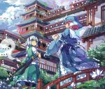  2girls blue_eyes bridge clouds east_asian_architecture flower ghost hairband hat highres hitodama japanese_clothes katana kimono konpaku_youmu konpaku_youmu_(ghost) koxo-01 multiple_girls nature pink_eyes pink_hair profile saigyouji_yuyuko sheath sheathed short_hair silver_hair smile sword touhou weapon 