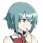  1girl blue_eyes blue_hair hand_to_own_mouth mahou_shoujo_madoka_magica miki_sayaka pache_pache16 short_hair simple_background smirk solo white_background 