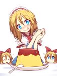  1girl alice_margatroid blonde_hair blue_dress blue_eyes blush bow capelet chestnut_mouth dress hair_bow hairband hands_clasped kuresento licking_lips lolita_hairband open_mouth plate pudding simple_background smile spoon table touhou white_background 