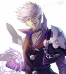  1boy add_(elsword) armor chain choker elsword facial_mark glowing glowing_eye grin jacket male messy_hair rke signature smile solo tattoo violet_eyes white_background white_hair 