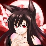  1girl animal_ears bare_shoulders brown_hair full_moon highres imaizumi_kagerou long_hair moon nayutaro night red_background red_eyes red_fingernails red_moon tongue tongue_out touhou wolf_ears 