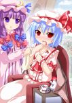  2girls :o arch ascot bat_wings blood blood_on_face bloody_clothes blue_hair blue_sky blush bow chair clouds crescent_hair_ornament cup dress fang forest hair_bow hair_ornament hand_on_own_chest hand_on_own_chin hat hat_ribbon kagerou_(kers) long_hair long_sleeves looking_at_another looking_at_viewer mob_cap multiple_girls nature open_mouth patchouli_knowledge payot purple_hair red_eyes remilia_scarlet ribbon robe saucer short_hair short_sleeves sitting skirt skirt_set sky striped striped_dress table teacup teapot touhou towel violet_eyes wings wrist_cuffs 