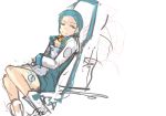  1girl aqua_hair boots chair collar dress eureka eureka_seven eureka_seven_(series) hair_ornament hairclip half-closed_eyes highres pan!ies rough short_dress short_hair side_glance sitting smile solo thigh_strap white_background wink 