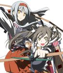  &gt;:d 2girls :d airplane armor arrow black_hair bow_(weapon) gloves hair_ribbon hairband highres japanese_clothes kantai_collection looking_at_viewer mole multiple_girls muneate onow open_mouth personification ribbon shoukaku_(kantai_collection) silver_hair smile twintails weapon white_background yellow_eyes zuikaku_(kantai_collection) 