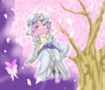  1girl akagashi_hagane butterfly cherry_blossoms fan hat highres japanese_clothes kimono petals pink_eyes pink_hair saigyouji_yuyuko solo touhou triangular_headpiece wide_sleeves 