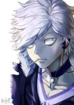  1boy add_(elsword) choker elsword facial_mark male messy_hair mouth_hold rke signature solo tattoo violet_eyes white_background white_hair wide-eyed 