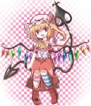  1girl adapted_costume ascot blonde_hair bow checkered checkered_background fang flandre_scarlet hat hat_bow laevatein leg_ribbon looking_at_viewer mob_cap open_mouth pointy_ears satorichan shirt short_sleeves side_ponytail skirt solo touhou vest wings 