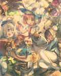  3girls ahoge alchemy animal_hat birdcage blonde_hair blue_eyes book brown_hair bun_cover bunny_hat cage fang green_eyes hair_bun hat highres hourglass long_hair majoca_majoluna mittens multiple_girls necktie open_mouth pot round-bottom_flask short_hair sitting solo vial whoopin yawning 