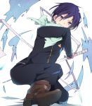  1boy blue_eyes boots grin noragami one_knee purple_hair scarf short_hair smile solo sword sxupxdxxy track_suit weapon yato_(noragami) 