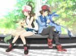  1boy 1girl bare_legs baseball_cap blue_eyes boots brown_eyes brown_hair denim denim_shorts fountain glaceon grin hat high_ponytail himerinomi jacket leafeon long_hair looking_at_viewer pokemon pokemon_(creature) pokemon_(game) pokemon_bw short_hair shorts sitting smile touko_(pokemon) touya_(pokemon) tree vest wristband 