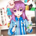  1girl convenience_store employee_uniform hata_no_kokoro lawson long_hair mask open_mouth pink_eyes pink_hair shop solo touhou uniform 